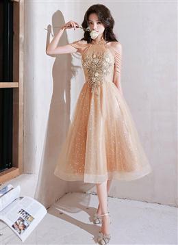 Picture of Champagne Halter Tea Length Shiny Tulle with Lace, A-line Short Prom Dresses